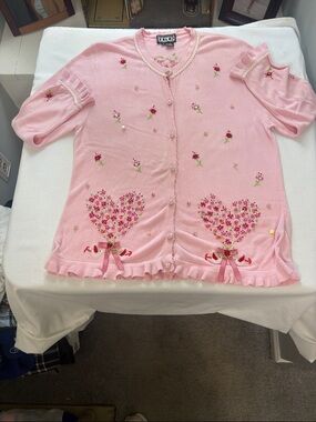 BEREK Pink Floral Heart Embroidered Cardigan - medium - Valentines!